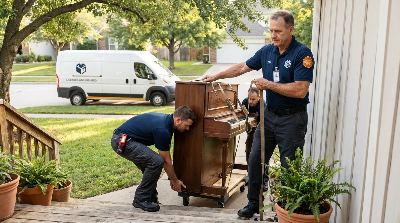 Licensed piano movers securing grand piano in Mosquero, NM