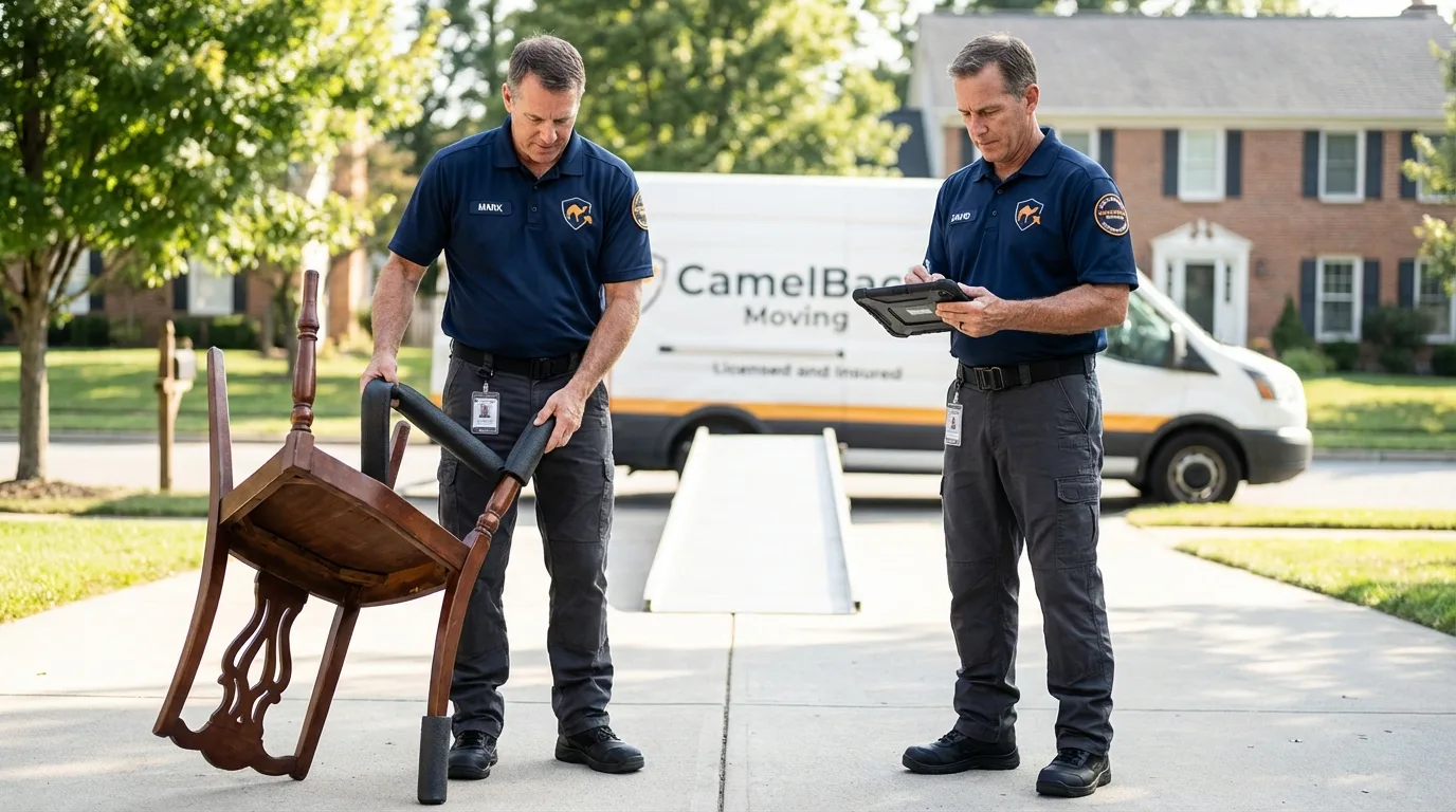 Movers inspecting furniture for damage prevention before loading in Mosquero, NM