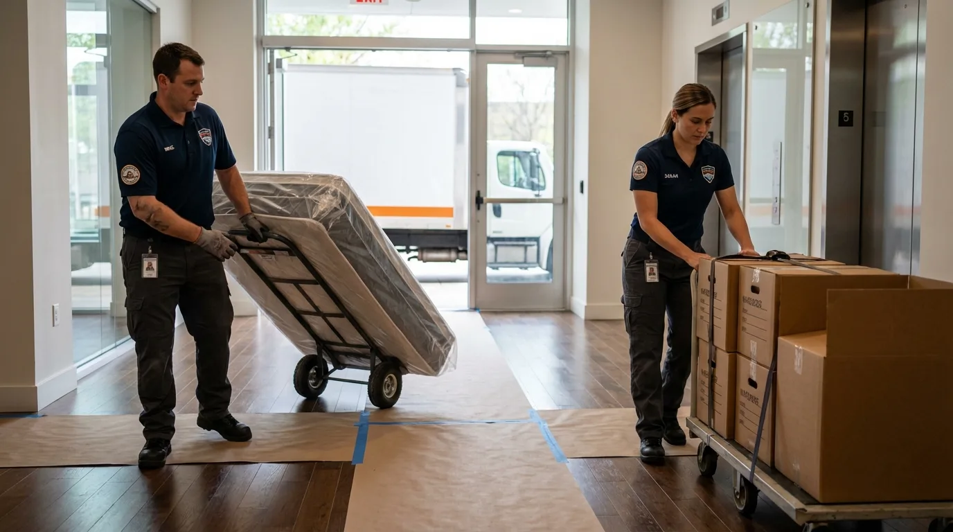 Professional apartment movers loading elevator in Mosquero, NM