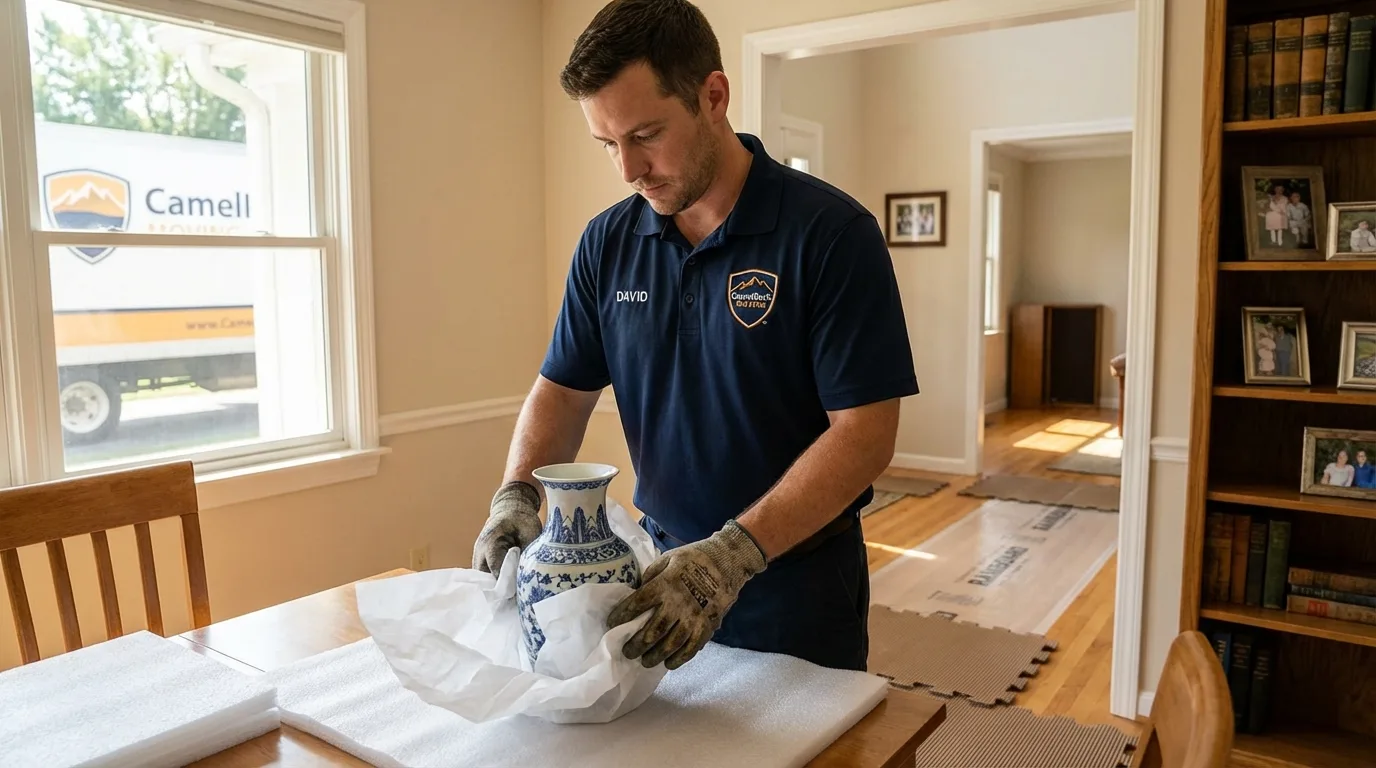 Professional crew carefully wrapping antique vase for senior downsizing move in Mosquero, NM