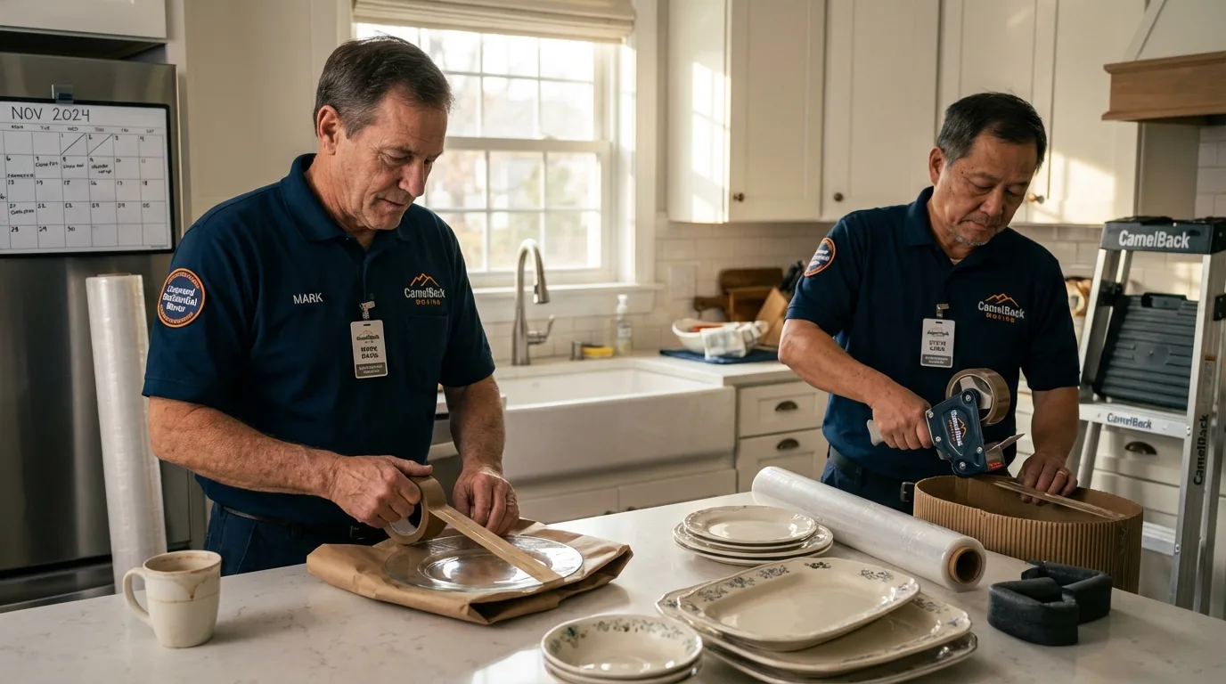 Professional crew packing kitchen dishware in Mosquero, NM